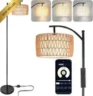 64" Farmhouse Arc Floor Lamp Remote App Dimmable Rattan Fabric