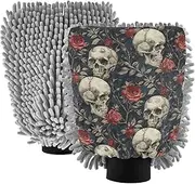 XYMZR Skull Roses Black Absorbent Microfiber Car Wash Mitt, Funny Cute Anime Scratch Free for Cars Cleaning, Home Cleaning Mitts, 2 Pack, 10.24” L x 7.09” W