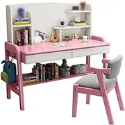 Kids Desk and Chair Set, Wooden Children's Desk with Drawers and Storage Learning Reading and Drawing Work Station, School Home Learning Tool for Boys and Girls (Color : Pink)