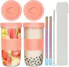 2x Boba Cup Bubble Tea Cup 24Oz Wide Mouth Smoothie Cups with Lid & Straws