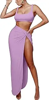 [SAFRISIOR] Women’s Sexy Crop Tank Top Bodycon Twist Side Split Long Skirts 2 Pieces Dress Two Piece Outfits