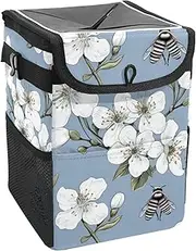Car Trash Can with Lid and Storage Pockets Leak-Proof Organizer,Waterproof Garbage Can,Bee and Spring Blossom