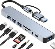 Frafuo USB C HUB-USB C Adapter 8 in 1 USB 2.0, Type C PD, USB3.0, SD/TF Card Reader, 3.5mm AUX, Docking Station Compatible with MacBook Pro/Air, Other Type C Laptops Devices, Silver