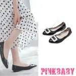 【PINKBABY】尖頭平底鞋 軟底平底鞋/小尖頭貼鑽方釦造型軟底平底鞋 蛋捲鞋(黑)