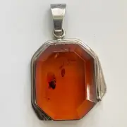 Sterling Silver Art Deco Style Pendant Faceted Baltic Amber Insect Inclusions