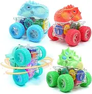 Peeokuo 4 Pack Car Toys for Toddlers, Monster Toys Truck 360° Rotating Stunt Cars, Fun Dinosaur Car Set with Exciting Lights - Push and Go Toy Cars Boys Girls Birthday Christmas Easter