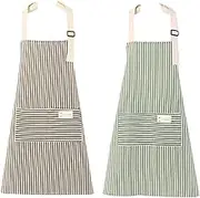 2 Pack Adjustable Bib Aprons, Women's Chef Aprons with 2 Spacious Pockets, Cotton Linen Men's Stripe Aprons for Kitchen, Soft Bib Stripe Style Aprons for BBQ Cooking Baking Grilling