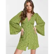 NWT ASOS DESIGN Button Through Mini Dress 70s sleeves in Khaki Ditsy Print sz 12