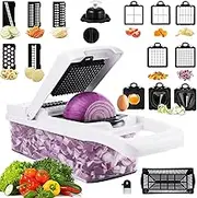 Vegetable Chopper Onion Chopper Dicer - Food Chopper Salad Cutter Vegetable Spiralizer Vegetable Slicer Egg Separator with 12 Interchangeable Stainless Steel Blades,with Container -Black & White