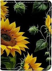 [CWAGFEQZ] Travel Passport Holder,PU Leather Passport Case,Passport Book,Sunflower Pattern Black Background