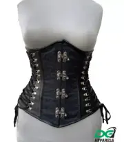 Women Black Brocade Satin and Leather Underbust Steampunk Steel Boned Corset
