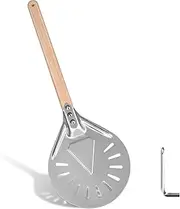 Turning Pizza Peel, 8 Inch Round Aluminum Metal Non-slip Perforated Pizza Paddle with 15.6 Inch Wooden Handle for Homemade Pizza Bread Bakers