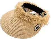 [Byrotson] Womens Sun Hats with Ponytail Hole, Summer Pearls Headband Visor Wide Brim Straw Hat UV Protection Beach Cap for Travel