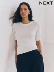 White Knitted Textured Crew Neck Short Sleeve Top (F03919) | $41