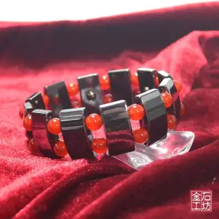 【金石工坊】紅瑪瑙鈦鍺磁性黑膽石能量手鍊