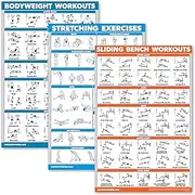 Palace Learning 3 Pack: Bodyweight Workouts + Stretching Exercises + Sliding Bench - Set of 3 Workout Charts