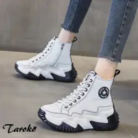 在飛比找momo購物網優惠-【Taroko】黑白撞色星星高筒真皮內增高厚底休閒鞋(2色)