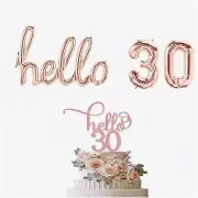 Rose Gold Hello 30 Celebration Kit: Balloon, Cake Topper, Banner & Backdrop - Pe