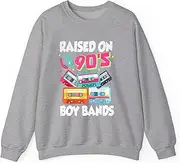 [X.Style] Raised On 90s Boy Bands Cassette Tape Retro Sweatshirt for Adults Crew Neck Long Sleeve Pullover Grey L