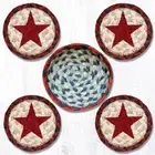 Set of 4 Red Barn Star Stenciled Coasters with Holder Basket, Braided Jute