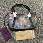 Anuschka Hand Painted Tote Shoulder Bag Purse Leather Floral Bird Zip Top 13×8×6