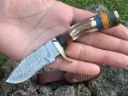HUNTEX Custom Handmade Damascus Blade, Deer Antler Handle Exotic Mini Boot Knife