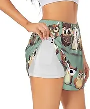[WURTON] Cartoon Owls Cute Print Exercise Gym Workout Shorts Women's Athletic Shorts Dual-Layered Yoga Running Shorts