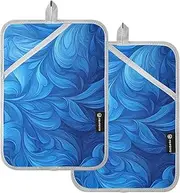 Pot Holders Heat Resistant Blue Leaf Texture Potholders for Kitchens with Pocket Kitchen Hot Pads Oven Mitts 2 Pack