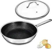 [Bakoniion] Hybrid Nonstick Frying Pan with Lid 12 Inch,Stainless Steel Honeycomb Pan Compatible with All Cooktops Dishwasher and Oven Safe