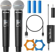 NEW BAXS Rechargeable Wireless Microphone, Dual Cordless Handheld Dynamic Wireless Mics,1/4'' Output for Karaoke, Meeting, Wedding,Singing, Church