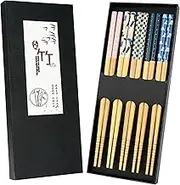 5 Pairs Japanese Natural Bamboo Chopsticks with Unique Print, Reusable Chopstick Gift Set for Sushi Rice Noodles, Chinese Tableware Washable for Dishwasher, 8.85 Inches Length