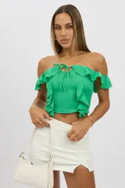Green Frilled Top Sleeveless Off Shoulder Chiffon - Size 16XL, Women's Crop Top