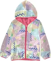 [GuoChe] Sherpa Coat Retro Memphis Style Colorful Toddler Girls Hooded Jacket pink Baby Girl Clothes 3T