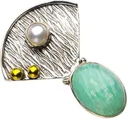 [StarGems] Natural Two Otnes Amazonite And River Pearl Handmade 925 Sterling Silver Pendant 1.25" D5830