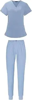 [Vaveren] Women Nursing Uniforms Scrub Set Nurse Top and Pants V Neck Comfortable Durable Work Clothes for Cosmetology Pet Grooming SPA