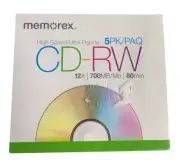 Memorex 5PK CD-RW 12X 700MB/80Min High-Speed Rewritable Discs New Sealed