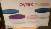 Pyrex Glass Storage Set 10 Piece Set Containers and Lids Multi Colored Lids