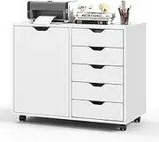 Giantex 5-Drawer Mobile Side Cabinet with Wheels, Lateral Filing Organizer, Drawer Chest with Door, Modern Storage Cabinet Printer Stand w/Large Tabletop for Home Office (White)