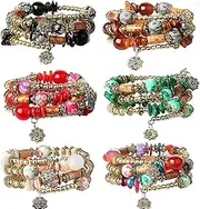 [Kakonia] 6 Sets Bohemian stackable Beads Bracelets for Women Stretch Multilayered Bracelet Set Multicolor Boho Jewellery