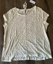 Ann Taylor Loft Ivory Burnout Polkadot Cap Short Sleeve Blouse Top Shirt XL