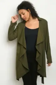 Olive Green Long Sleeve Cardigan Jacket Size Medium Drape Front Tie Belt