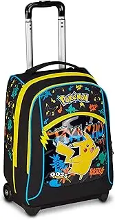 [Seven] Pokémon Big Trolley for School, Black, 2 in 1, Double Use, Trolley and Backpack, Primary School, Kids, Black, Taglia unica, Casual