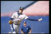 Pitcher Mike Myers Detroit Tigers throws a pitch the Anaheim Angel- Old Photo
