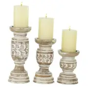 Wood Handmade Candle Holder with Carved Designs, Set of 3 6", 8", 10"H, Beige