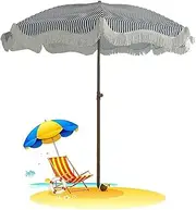 Boho Patio Umbrella with Fringe, 6ft Beach Umbrella Pool Umbrella, Outdoor Table Umbrella Tassel Garden Umbrella, Portable Tilt Market Umbrella for Yard Deck Lawn Backyard Terrace(Navy Stripe)