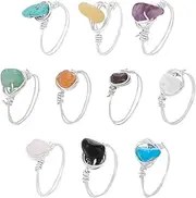 [UNICRAFTALE] 10Pcs 10 Styles Chakra Crystal Rings Adjustable Gemstone Rings Copper Wire Wrapped Ring Irregular Colorful Gem Ring for Women