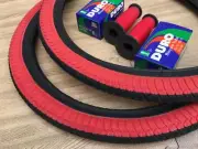 PAIR of 20" BMX Bicycle Black and Red Street Tires & Tubes 20x1.95 *FREE GRIPS