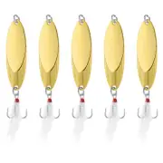 5Pcs 1-1/8 oz Metal Fishing Spoons Fishing Lures Treble Hooks Jigs, Gold Tone