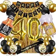 40th Birthday Decorations for Him Men, Happy 40 Bday Decor Black and Gold for Her Women Party Supplies