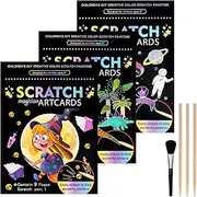 Set of 3 Scratch Pictures for Children 18.5 x 13.5 cm Magic Rainbow Scratch Paper Scratch Book Scratch Paper Set with Colourful Gradient and Scratch Pen, Wizardry, Space, Dinosaur